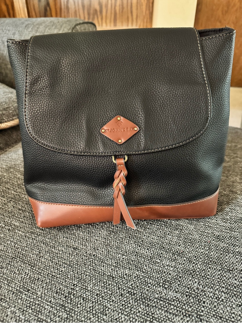 St. John's Bay Black Backpack with Brown Trim and Braided Pull
